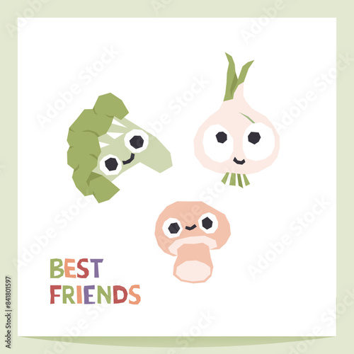 Cute bright vegetables print. Onion  broccoli and champignon mushroom characters with best friends forever lettering. Cartoon illustration in simple hand drawn style. Good for baby fabrics  textile  p
