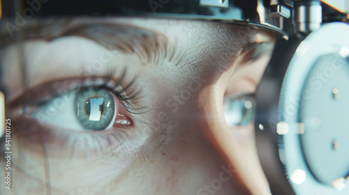 A close-up of an eye during an eye examination, highlighting the details of the iris and ophthalmic equipment.