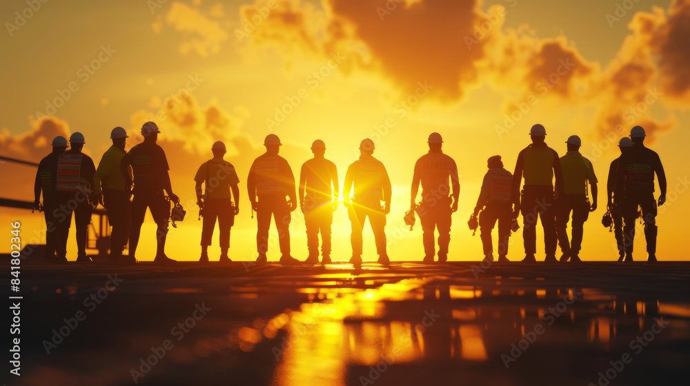 A group of workers stand united on an industrial site, illuminated by the golden hues of a setting sun, symbolizing teamwork and perseverance. A group of workers stand united on an industrial site, illuminated by the golden hues of a setting sun, symbolizing teamwork and perseverance.
