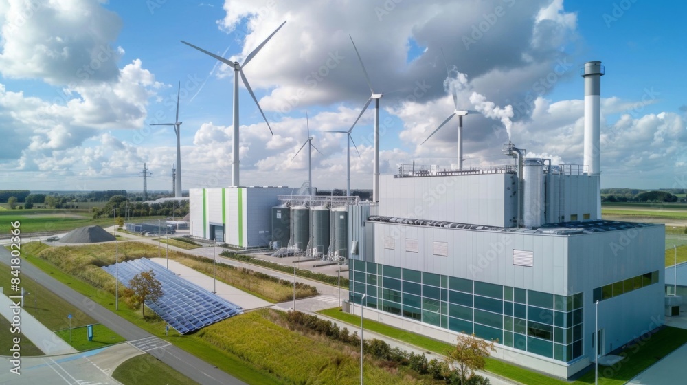 A modern waste-to-energy plant with solar panels and wind turbines, set in a green, eco-friendly industrial park, highlighting renewable energy integration. A modern waste-to-energy plant with solar panels and wind turbines, set in a green, eco-friendly industrial park, highlighting renewable energy integration.