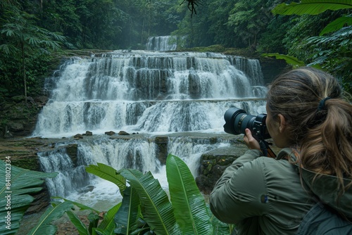 Photographer capturing a tiered waterfall photo