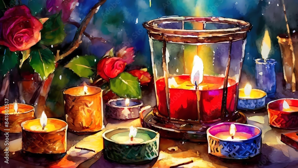 Fototapeta premium candle, glass, drink, bottle, alcohol, decoration, cup, holiday, celebration, light, table, gold, celebrate, fire, season, candles