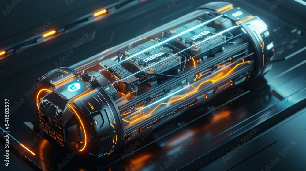 featuring a close-up of a lithium-ion battery pack, with sleek design and futuristic lighting, emphasizing the role of lithium in powering electric vehicles 