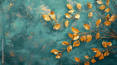 grunge gold leaves on teal textured background autumn branch painting