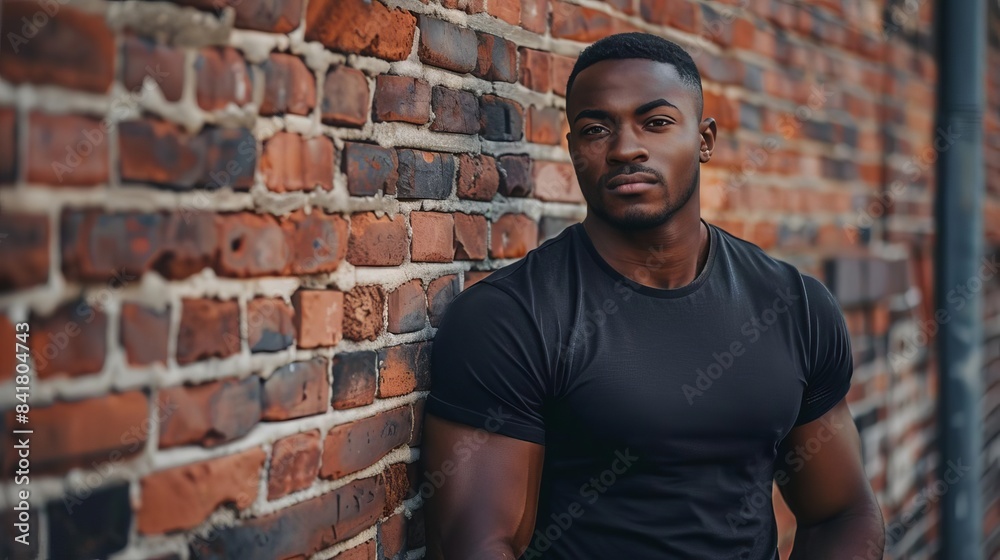 handsome african american man in black tshirt standing by brick wall portrait photography handsome african american man in black tshirt standing by brick wall portrait photography