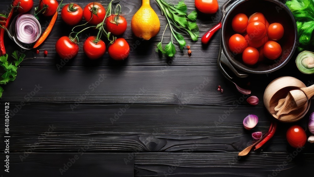 Naklejka premium The background of cooking On a black wooden background