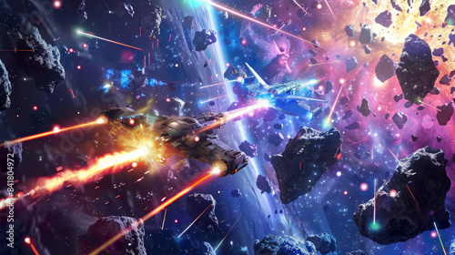Fototapeta Naklejka Na Ścianę i Meble -  Two futuristic spacecraft engage in a vibrant and intense space battle amidst a chaotic asteroid field and colorful cosmic backdrop.