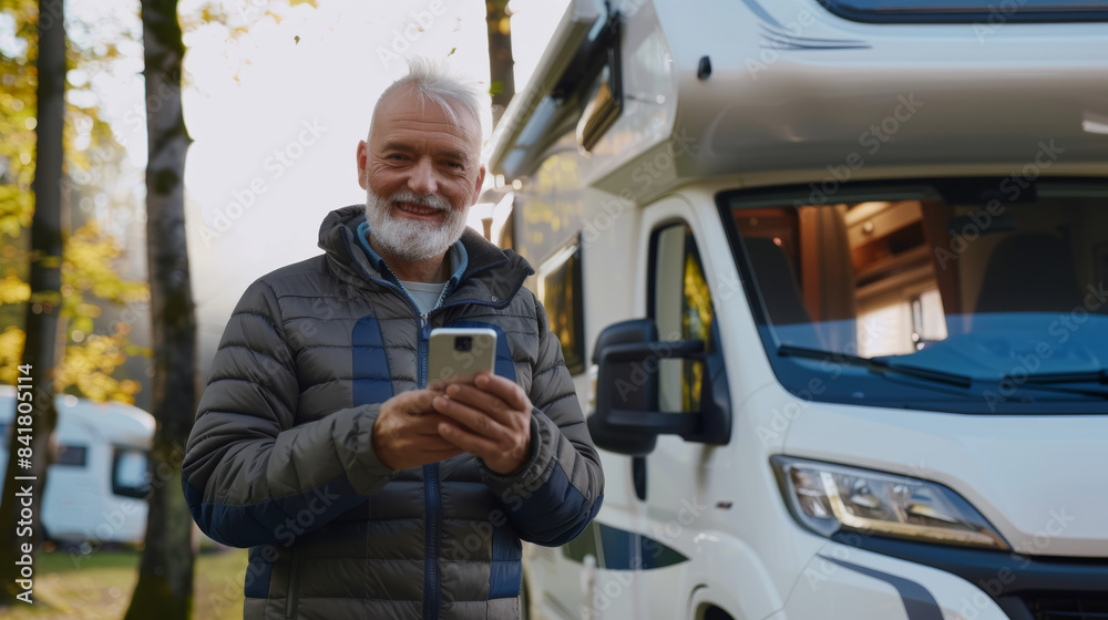 An elderly man stands smiling next to a modern RV, holding a smartphone, enjoying a sunny day at a campsite surrounded by nature. An elderly man stands smiling next to a modern RV, holding a smartphone, enjoying a sunny day at a campsite surrounded by nature.