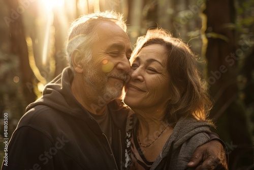 Portrait of a blissful latino couple in their 50s sporting a comfortable hoodie on backdrop of a mystical forest