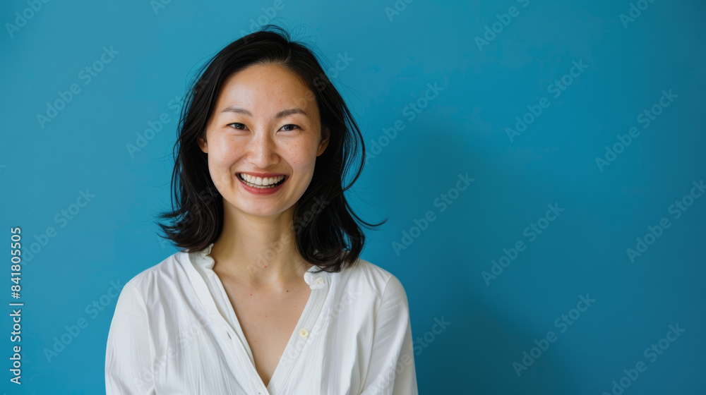 A woman with a joyful smile poses against a blue backdrop, reflecting happiness and positivity. A woman with a joyful smile poses against a blue backdrop, reflecting happiness and positivity.