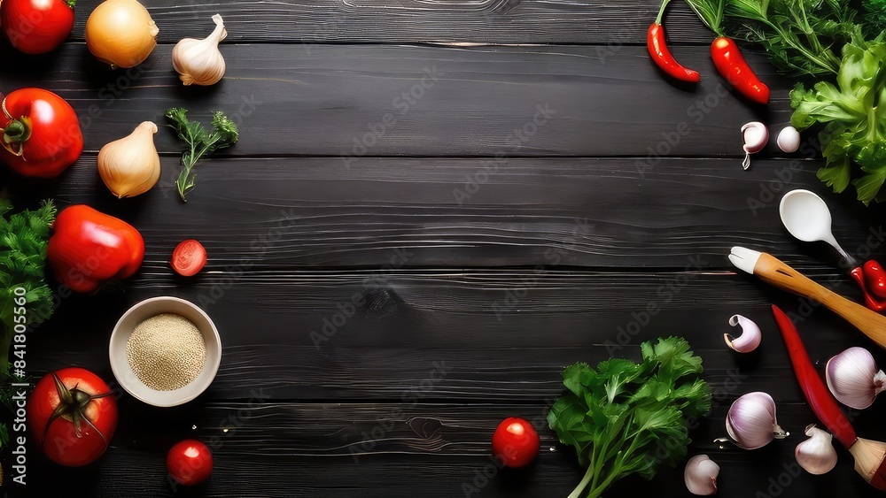 Naklejka premium The background of cooking On a black wooden background