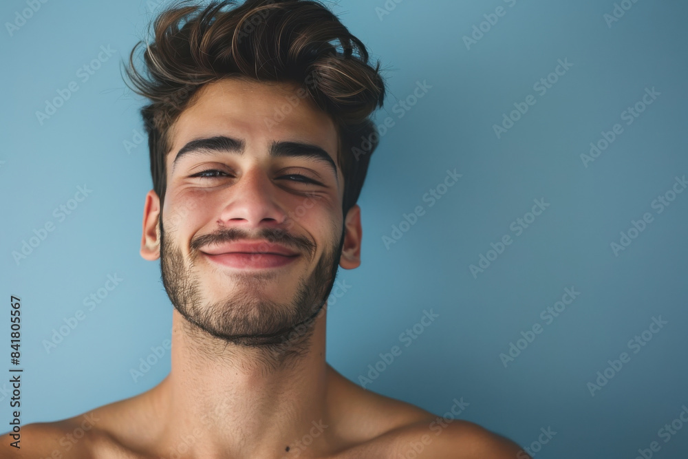 A close up portrait of a young man with a subtle smile A close up portrait of a young man with a subtle smile