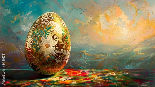 Surreal Renaissance Style Easter Egg Adorned with Intricate Gold Leaf Patterns and Delicate FrescoInspired Floral Motifs Set Against a Vibrant  Generative ai photo