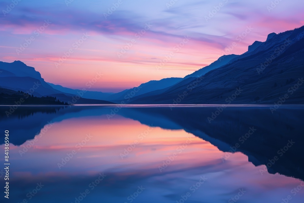 Fototapeta premium sunset in the mountains at a calm lake that creates a perfect reflection
