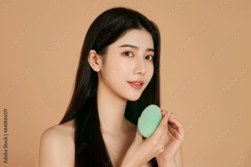 Skincare concept, beauty concept, young beautiful Asian long-haired woman using green beauty products on a beige background, holding a makeup brush and skin cream. Skincare concept, beauty concept, young beautiful Asian long-haired woman using green beauty products on a beige background, holding a makeup brush and skin cream.