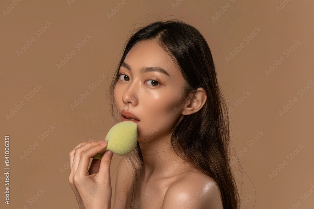 Skincare concept, beauty concept, young beautiful Asian long-haired woman using green beauty products on a beige background, holding a makeup brush and skin cream. Skincare concept, beauty concept, young beautiful Asian long-haired woman using green beauty products on a beige background, holding a makeup brush and skin cream.