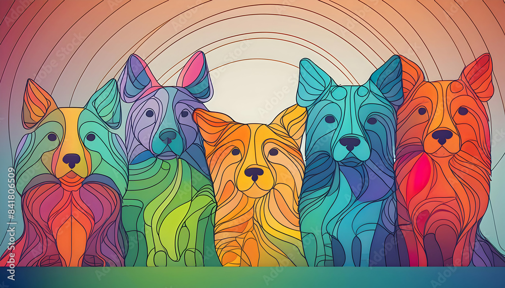 Colorful dogs pet with continuous one line style on digital art concept, Generative AI. Colorful dogs pet with continuous one line style on digital art concept, Generative AI.