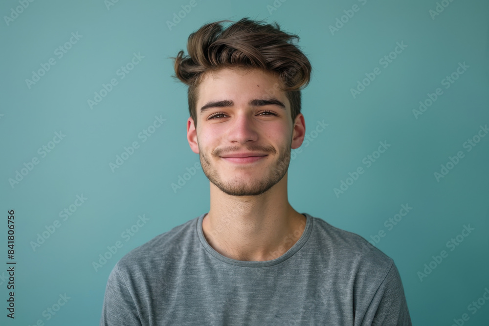 A close up portrait of a young man with a subtle smile