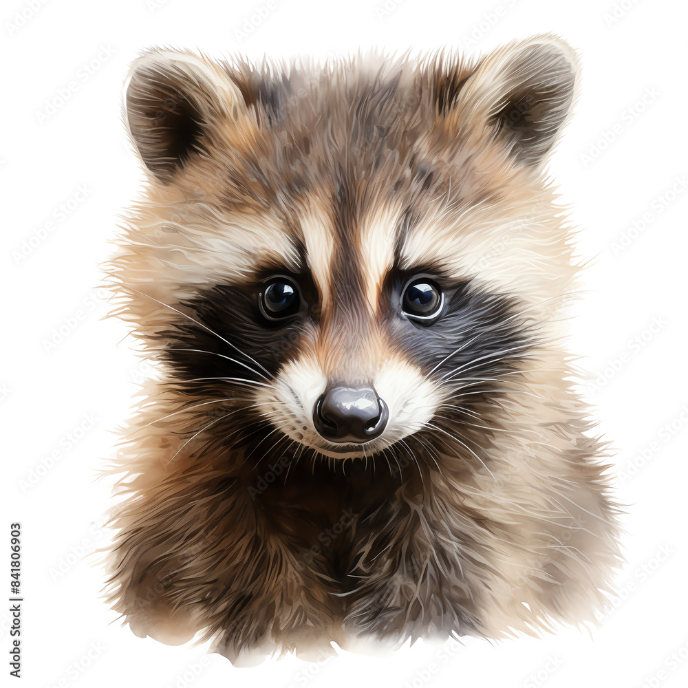 Obraz premium Close-up illustration of an adorable raccoon face with detailed fur and expressive eyes, isolated on white background.