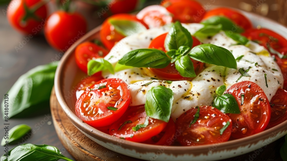 Fresh Caprese Salad with Ripe Tomatoes, Mozzarella, and Basil Leaves Fresh Caprese Salad with Ripe Tomatoes, Mozzarella, and Basil Leaves