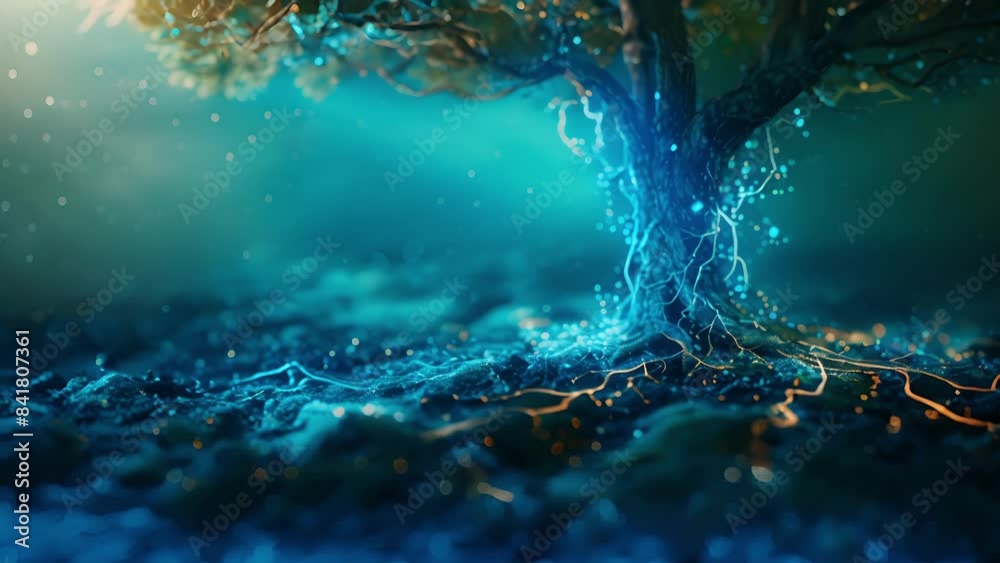 An illustration of a tree with roots spreading out and intertwining representing the complex network of connections and data flow within a system.
