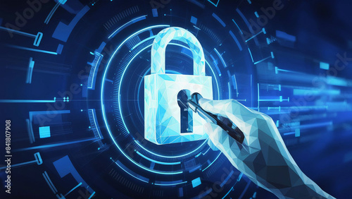 Abstract locksmith hands-picking digital lock mechanism. Security, Technology concepts. Low poly light blue digital hand unlocking padlock icon on blue background