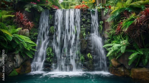 A crystal-clear waterfall cascading into a sparkling pool surrounded by lush ferns and brightly colored flowers