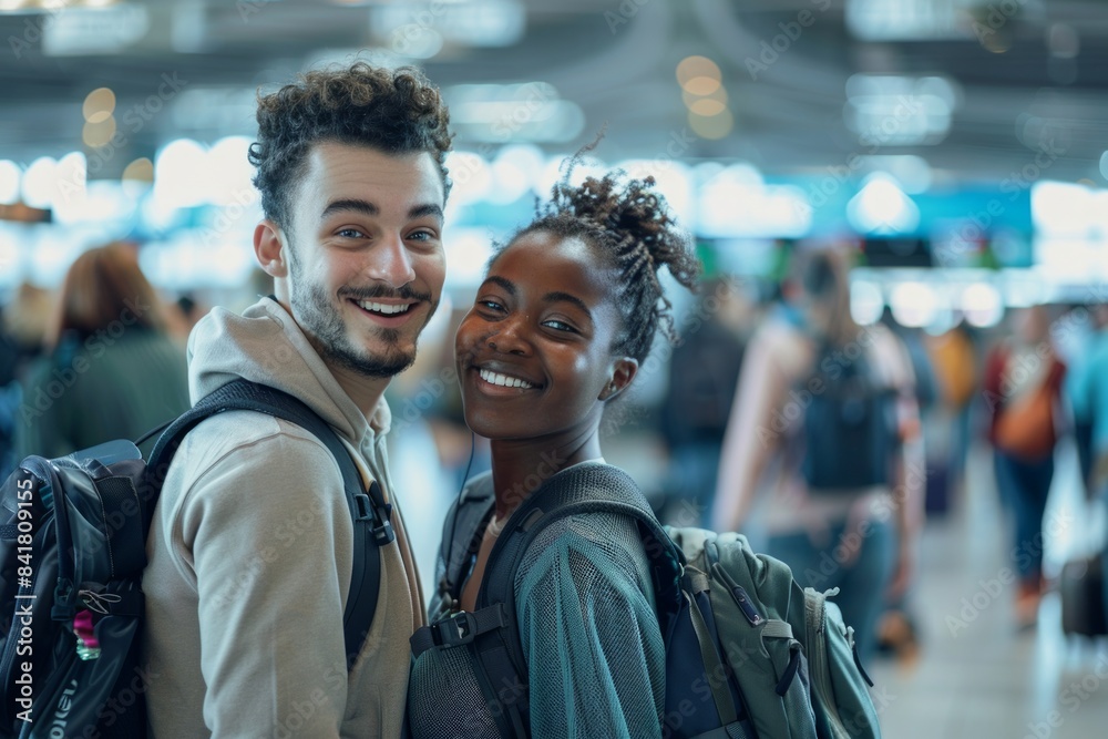 Portrait of a glad multiethnic couple in their 20s dressed in a breathable mesh vest in front of bustling airport terminal Portrait of a glad multiethnic couple in their 20s dressed in a breathable mesh vest in front of bustling airport terminal