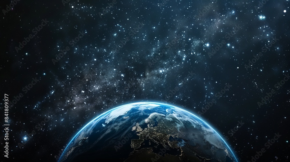 Stunning Image of Earth in Outer Space, Showing Planet's Vibrant Blue Oceans and Continent Details, Surrounded by the Vast Universe and Distant Stars Stunning Image of Earth in Outer Space, Showing Planet's Vibrant Blue Oceans and Continent Details, Surrounded by the Vast Universe and Distant Stars
