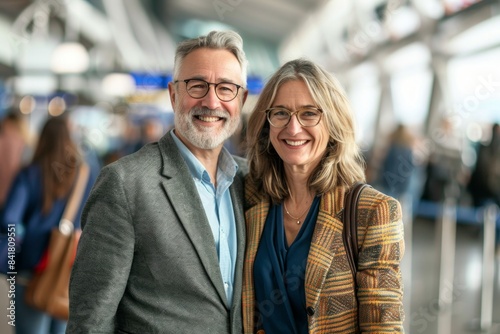 Portrait of a cheerful couple in their 40s dressed in a stylish blazer over bustling airport terminal background