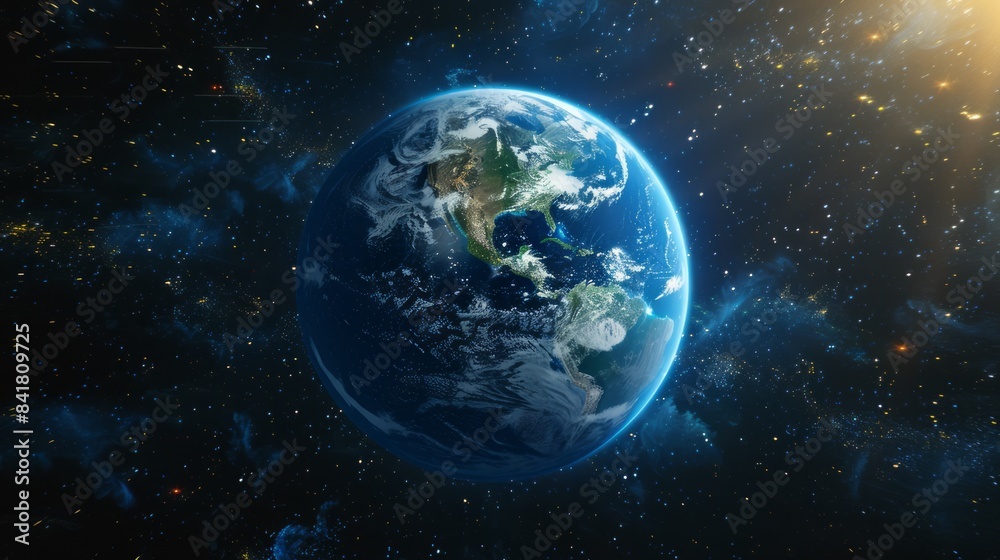 Stunning Image of Earth in Outer Space, Showing Planet's Vibrant Blue Oceans and Continent Details, Surrounded by the Vast Universe and Distant Stars Stunning Image of Earth in Outer Space, Showing Planet's Vibrant Blue Oceans and Continent Details, Surrounded by the Vast Universe and Distant Stars