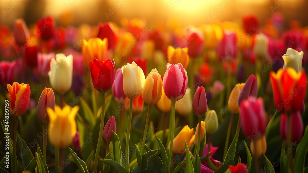 A field of tulips in a riot of colors, basking in the warm glow of the morning sun A field of tulips in a riot of colors, basking in the warm glow of the morning sun