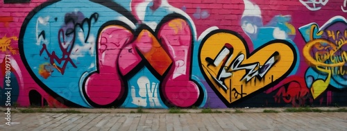Dynamic graffiti wall scene with a heart-shaped love symbol, creating an energetic and colorful backdrop.