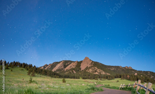 The Flatiron mountains and blue sky at night in summer.  Boulder Colorado United States.