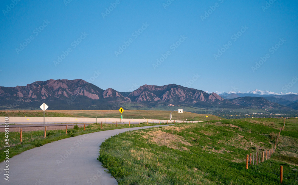 The Flatiron mountains and blue sky at night in summer. Boulder Colorado United States. The Flatiron mountains and blue sky at night in summer. Boulder Colorado United States.