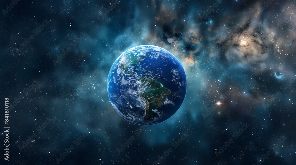 Stunning Image of Earth in Outer Space, Showing Planet's Vibrant Blue Oceans and Continent Details, Surrounded by the Vast Universe and Distant Stars Stunning Image of Earth in Outer Space, Showing Planet's Vibrant Blue Oceans and Continent Details, Surrounded by the Vast Universe and Distant Stars