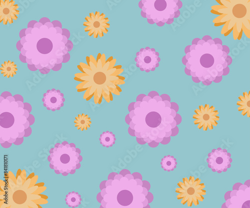 Purple and yellow flowers on a mint green background.