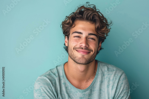 A close up portrait of a young man with a subtle smile