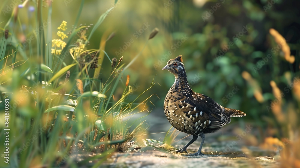 A quail walking through tall grass in a countryside setting A quail walking through tall grass in a countryside setting