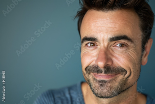 A close up portrait of a young man with a subtle smile