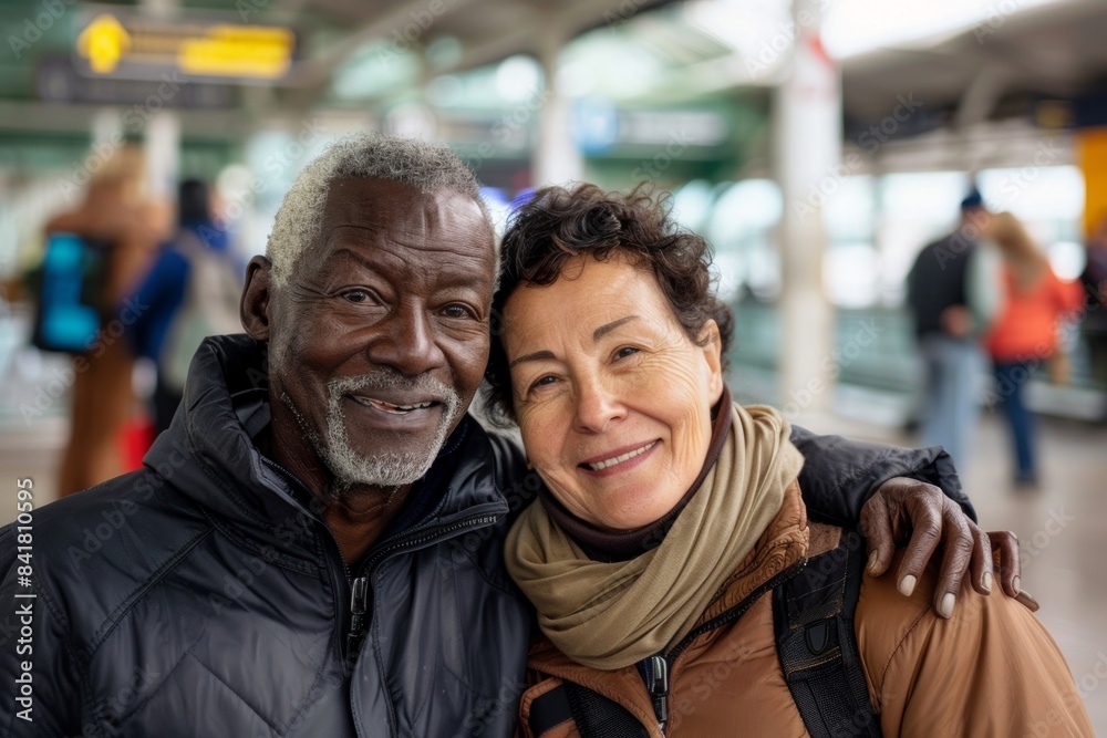 Portrait of a satisfied multiethnic couple in their 50s wearing a functional windbreaker on bustling airport terminal background Portrait of a satisfied multiethnic couple in their 50s wearing a functional windbreaker on bustling airport terminal background