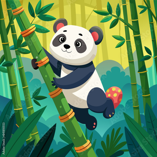 a panda cub learning to climb bamboo trees