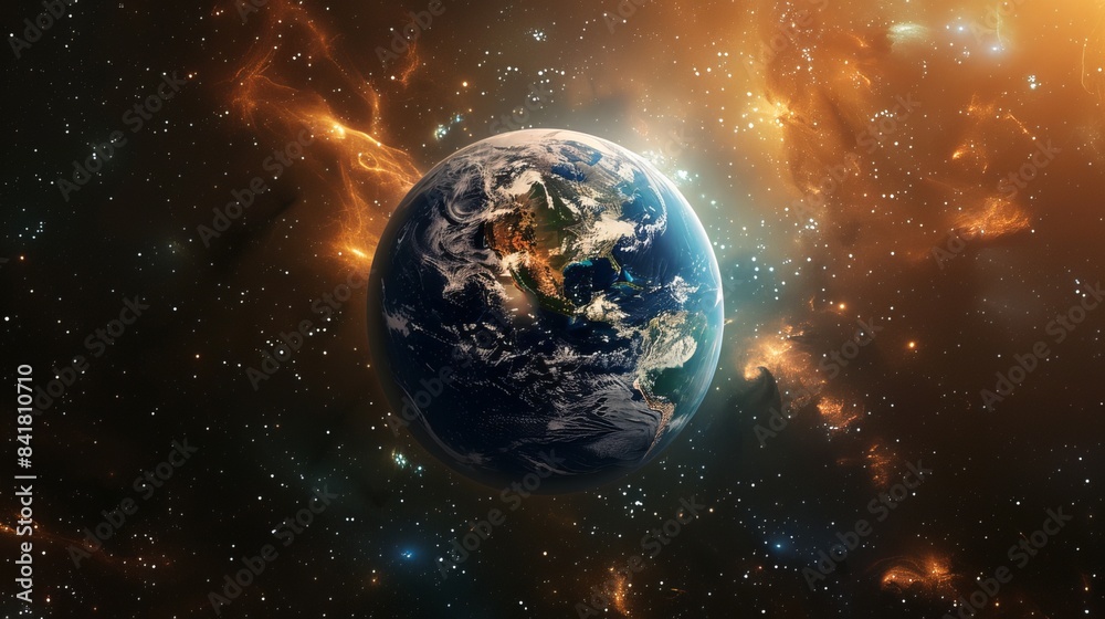 Fototapeta premium Stunning Image of Earth in Outer Space, Showing Planet's Vibrant Blue Oceans and Continent Details, Surrounded by the Vast Universe and Distant Stars