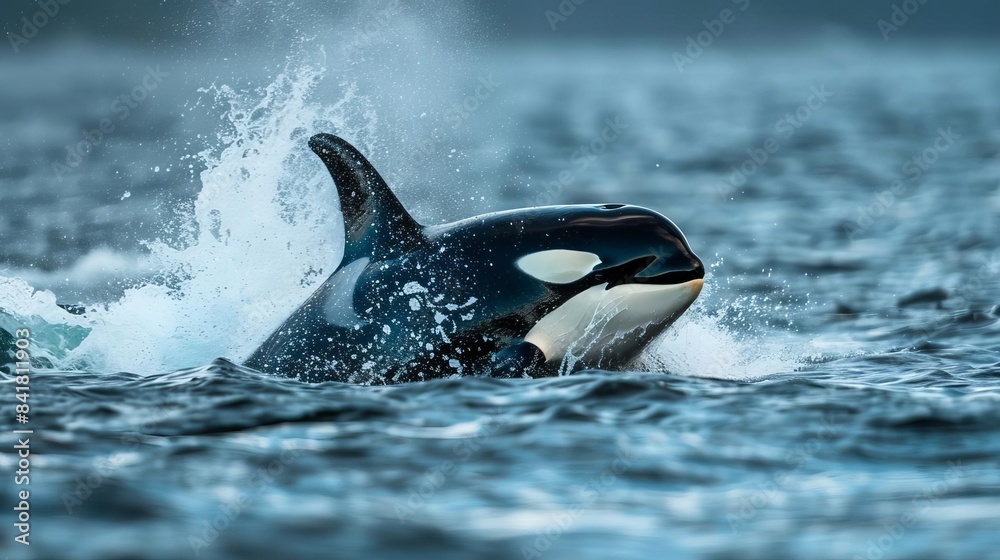 Fototapeta premium majestic orca breaching ocean surface water cascading powerful wildlife photography