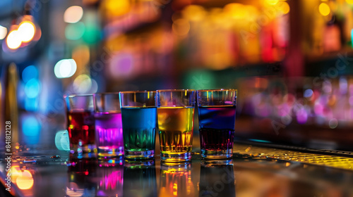 set of small colorful shooters cocktails on bar counter in nightclub, alcohol drink shots in a row, nightlife and party concept photo