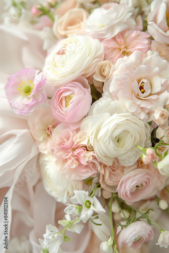 Beautiful festive bouquet of pink and white various flowers.