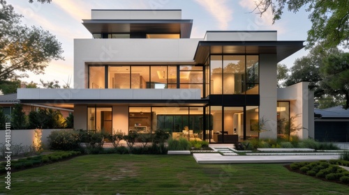 A minimalist-style facade of a house with large windows, flat rooflines, and minimalist landscaping, showcasing modern architectural design. © Plaifah