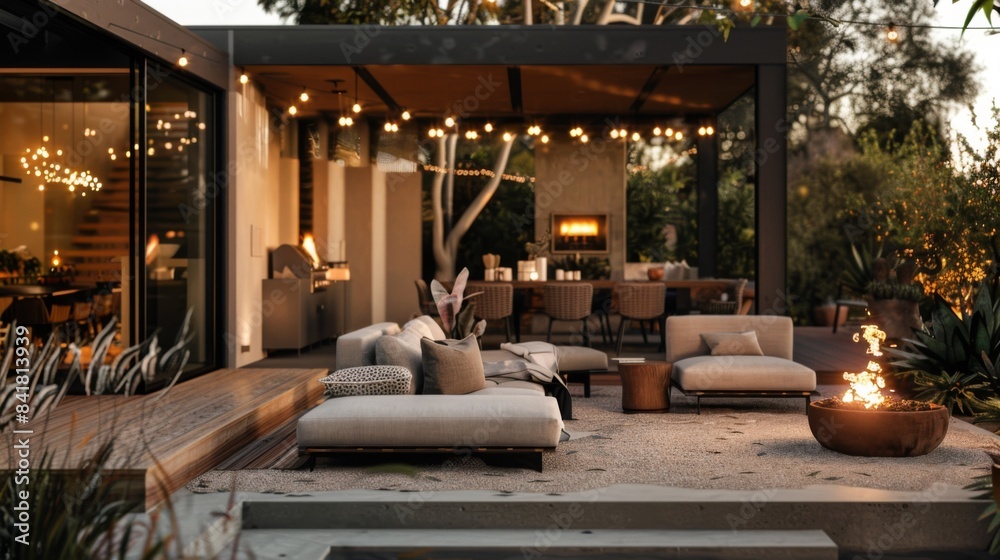 Fototapeta premium A minimalist-style outdoor lounge area with modular furniture, minimalist fire pit, and string lights, perfect for alfresco entertaining.
