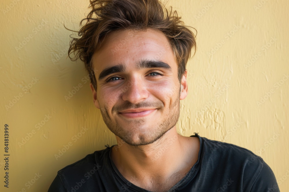 A close up portrait of a young man with a subtle smile A close up portrait of a young man with a subtle smile