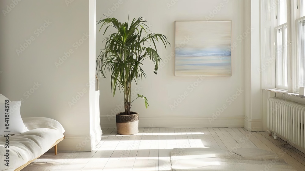 Fototapeta premium minimalist white interior design lush green potted plant accent serene home decor inspiration scandinavian style living space oil paintings